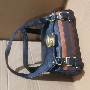 Fiorelli Leather Striped Double Sided Black Handbag Heavy Gold Hardware